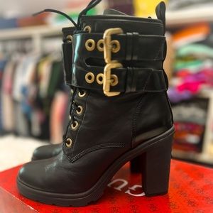 GUESS Black Leather High Heel Lace Up Boots w Gold Hardware